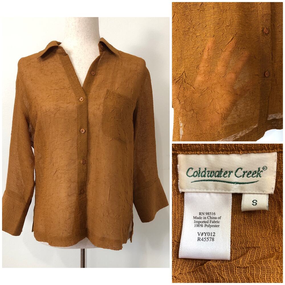 VTG 90s Coldwater Creek Crinkle Sheer Button Front Blouse Brown S‎ Fairy Grunge